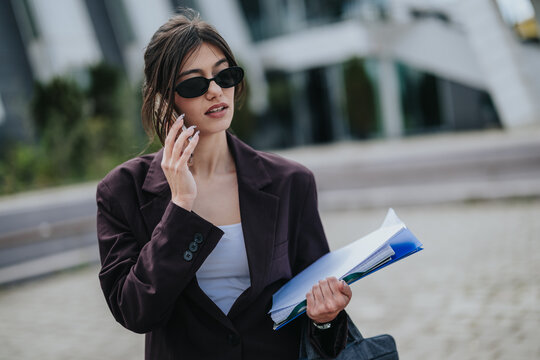 A business woman in a dark blazer talks on her phone while holding a stack of documents. Outdoor urban portrait shows her multitasking near a modern office building.