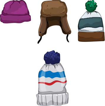 Four different types of winter hats, including a beanie, an ushanka style trapper hat, and two pom pom beanies, provide warmth and comfort in chilly conditions