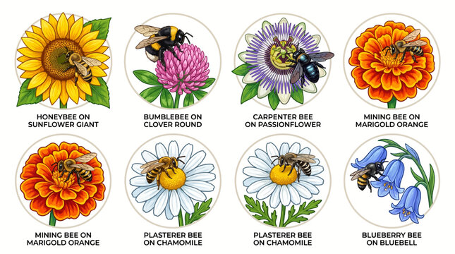Busy bees collect nectar from vibrant flowers in a sunny garden with sunflowers, zinnias, lavender, marigolds, and daisies.