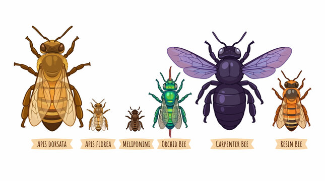 A colorful illustration of various bee species including carpenter, bumble, drone, killer, and honey bees in a natural setting.