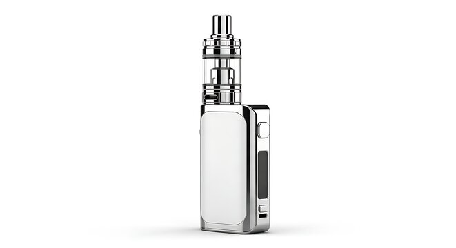 ​A sleek chrome and white electronic cigarette box mod kit isolated on a clean white background.