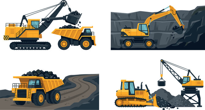 PrintHeavy Machinery and Coal Mining Vector Illustration Set Featuring Excavators Haul Dump Trucks Bulldozer and Crane working in an Open Pit Mine
