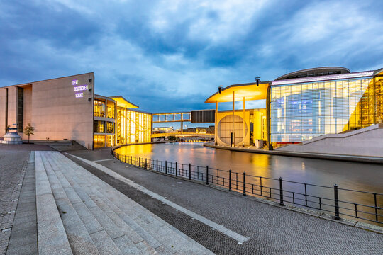 night view of Marie-Elisabeth-Luders-Haus in Berlin, film and light show. Berlin at night.
