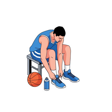 Man tying blue basketball shoes sitting.