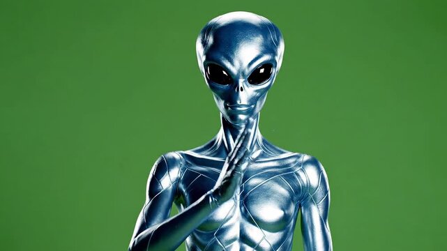 Shiny metallic alien, silver extraterrestrial, green background, sci-fi character, futuristic being 4k Video