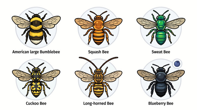Variety of colorful bees including American Bumblebee, Squash Bee, Sweet Bee, Cuckoo Bee, Long-horned Bee, and Blueberry Bee are illustrated in a collection.