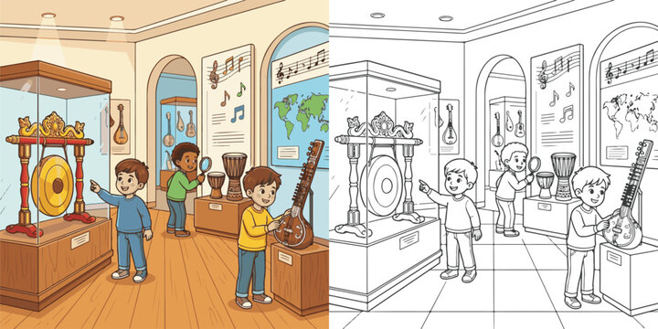 music instrument tabla sitar guiter visiting museum  cartoon clipart and lineart print vector illustration for color coloring book