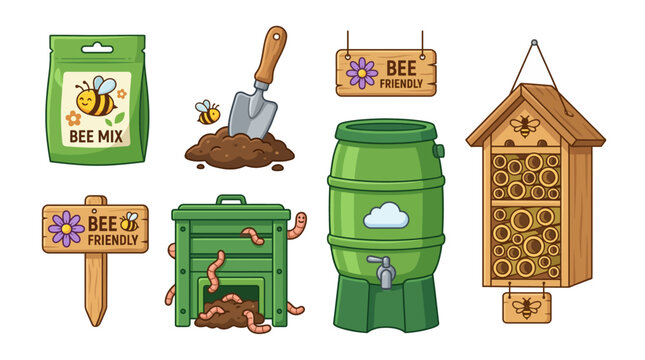 A colorful illustration of a bee hotel, compost bin, and bee mix bag on a garden table outdoors with a shovel and worm composter nearby.