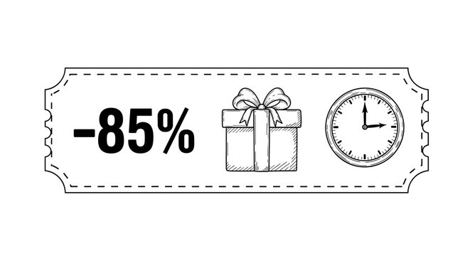 Discount coupon with -85% off, gift icons, and clock, ideal for promotional offers and limited-time sales