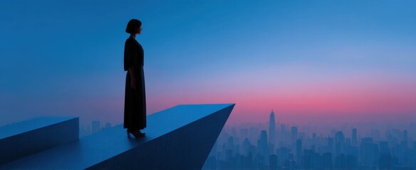 Naklejka premium woman on a modern rooftop with skyline highlights innovative leadership and peak success 3d render
