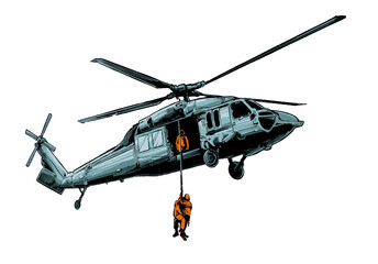 Fototapeta premium Helicopter flying in the sky in action military rescue aircraft aviation transport with spinning rotor blades