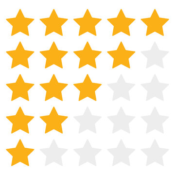 Five star rating illustration with active gold stars and inactive grey stars. Quality level and score concept.