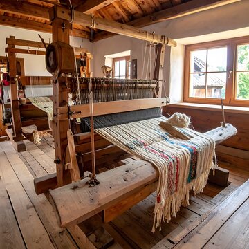 Traditional wooden loom in rustic room.