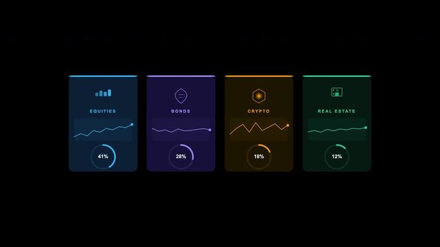 Investment category dashboard cards perfect for financial presentations. Equities, bonds, crypto, real estate data statistics in one handy pack.