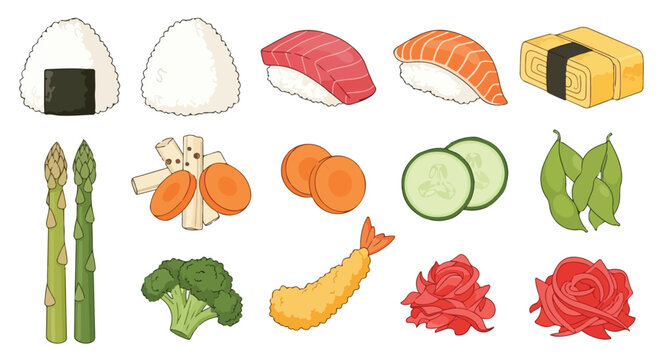 Collection of various Japanese sushi ingredients and vegetables in a hand drawn doodle style.