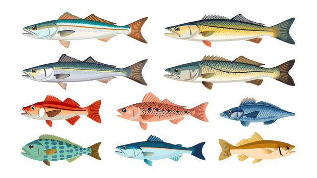 Collection of Aquatic Life: A diverse collection of fish species, showcasing vibrant colors and detailed scales, arranged in a grid formation.