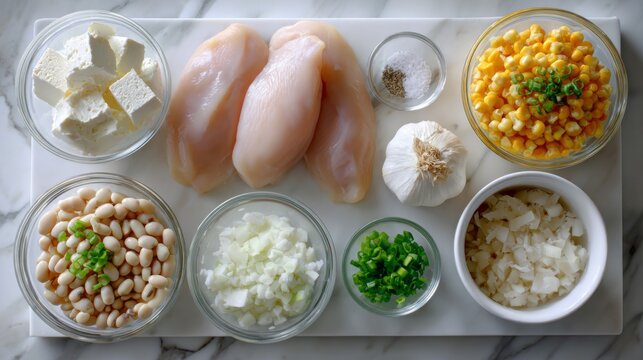 Fresh chicken breasts, vibrant corn, creamy cheese, and white beans are artfully arranged on a marble surface, awaiting the magic of cooking. Garlic and green onions add a perfect touch