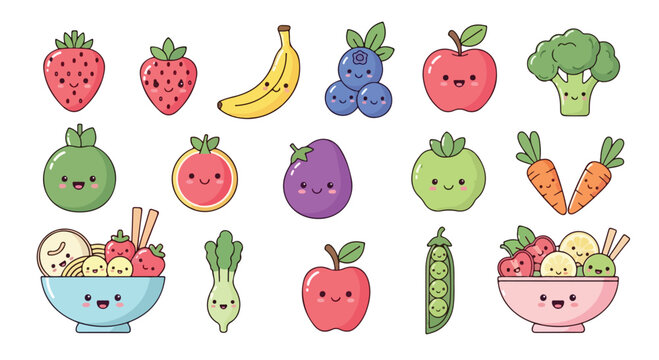 Set of cute kawaii style fruits and vegetables with happy faces.