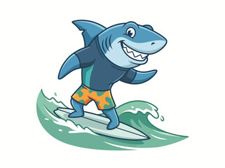 Naklejka premium Cool Blue Shark Mascot Surfing Green Wave in Colorful Swim Shorts