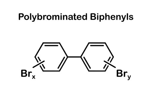 Vector illustration of the structural formula of Polybrominated Biphenyls (PBB) molecules on a white background.