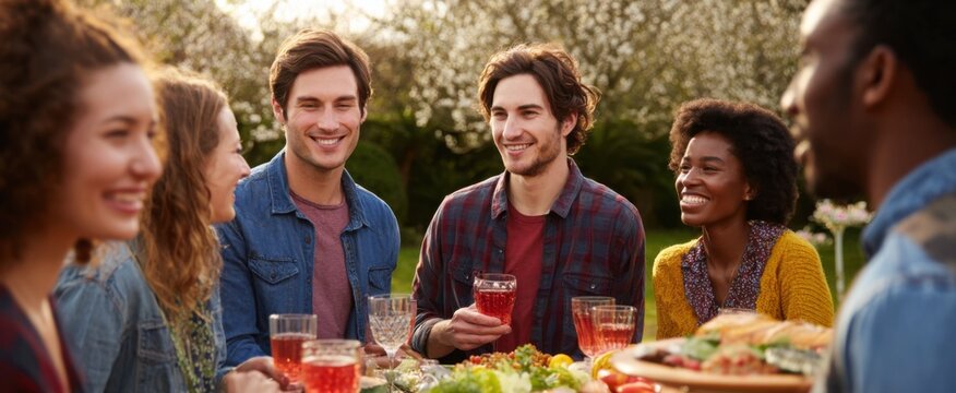 Friends enjoying a vibrant garden party together in a sunny spring afternoon.