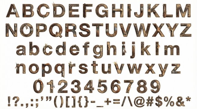Font alphabet in Burning-man assemblage alphabet with welded scraps dust-worn edges and desert ornament style from A to Z numbers punctuation isolated on white background.
