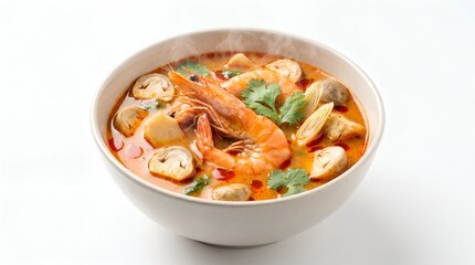 Fototapeta premium Authentic Thai Tom Yum Goong Soup with Large Prawns Isolated on Pure White Background