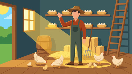Farmer tending to chickens, chicks, and eggs in a sunlit farm coop © AS_StockNation