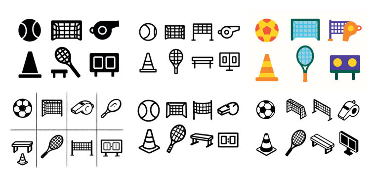 Sports icons with ball net racket outline
