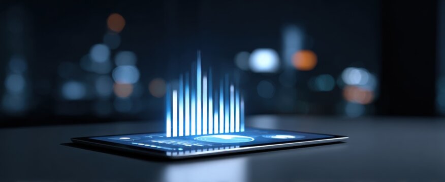 Economic analysis data visualization with digital marketing hologram in a modern office.
