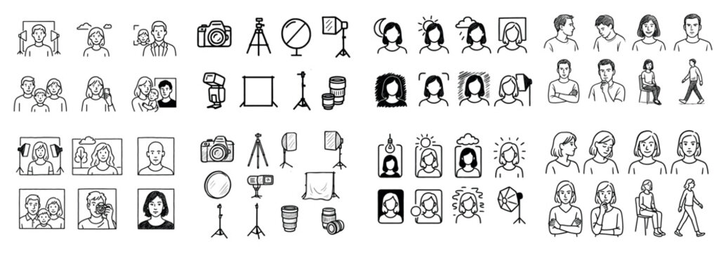 Portrait studio icons with camera tripod light outline