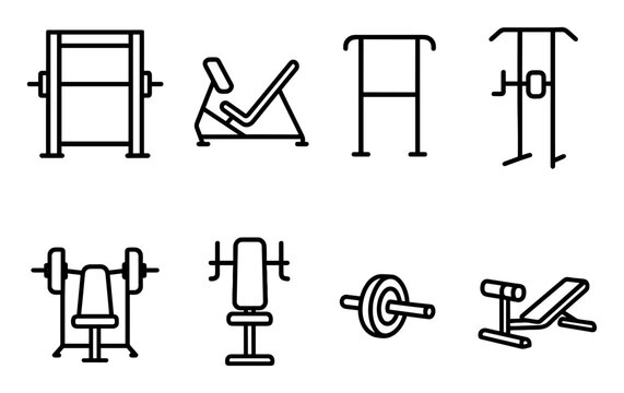 Fitness icons with bench rack barbell outline