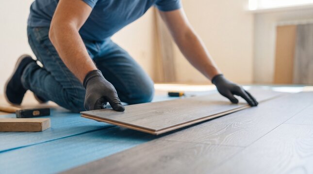 Worker installing wooden laminate flooring in a bright modern room during a home renovation project