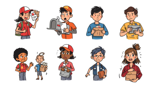 Delivery Person Emotions: A collection of illustrations depicting various delivery personnel and recipients experiencing a range of emotions, from excitement to frustration.