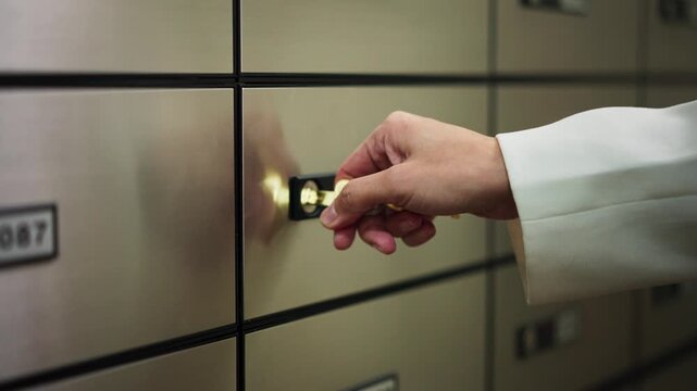 Hand Opening Safe Deposit Box with Key Close Up