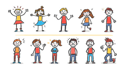 Fototapeta premium Diverse Emotions: A collection of stick figures displaying a wide spectrum of human emotions, from excitement and joy to sadness and frustration, illustrating the complexity of feelings.