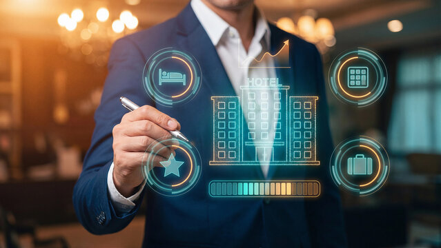 Hotel business management concept analyzing hospitality booking reservations guest service ratings and revenue growth for successful tourism industry expansion and brand development strategy
