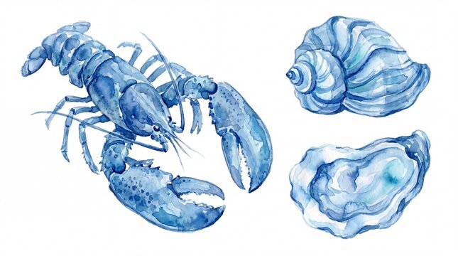 Detailed watercolor painting of a blue lobster with marine shells rendered in style on white background