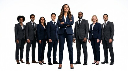 Obraz premium Powerful diverse business team led by a confident woman standing in a V formation on white background for leadership and corporate growth concept