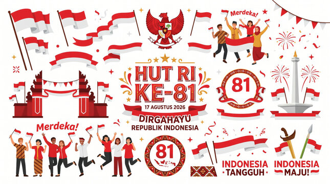 Indonesian Independence Day vector illustration design elements set. Clipart collection for 17 Agustus celebration with flags, traditional games, characters, and national symbols.