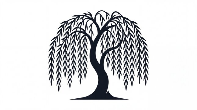 Elegant black silhouette of a weeping willow tree illustrated in a minimal style on white background