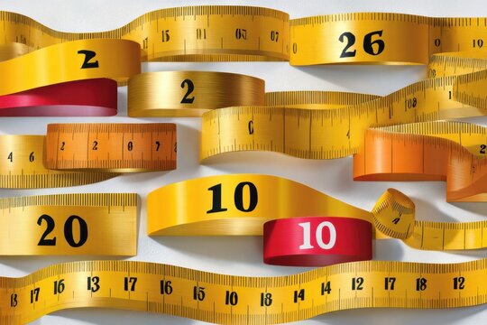 Curled yellow measuring tapes with bold numbers and overlapping loops for sewing and measurement