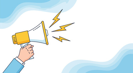 Fototapeta premium Hand holding megaphone illustration with lightning bolts on clean background, cartoon style vector graphic of business promotion and advertising.