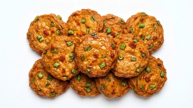 Fried Thai Fish Cakes (Tod Mun Pla) Isolated on Pure White Background