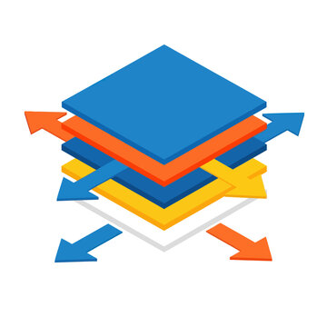 Colorful stacked square layers with arrows.