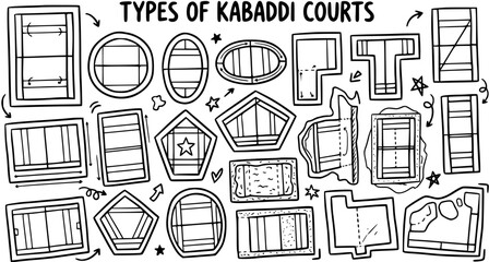 Fototapeta premium Sports Court Layouts Doodle: Hand-Drawn Black and White Line Art Illustrating Various Kabaddi Court Types and Game Field Designs.