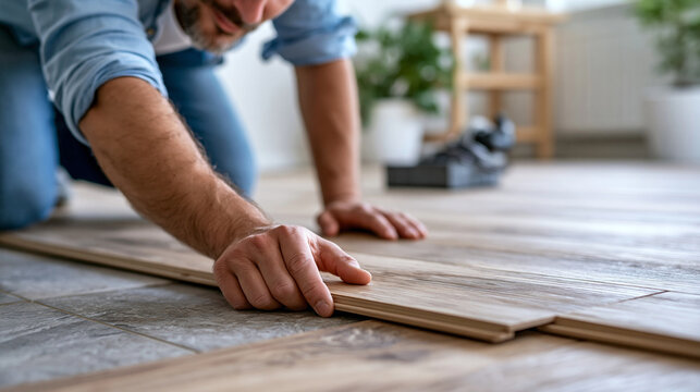 Person kneeling on a floor installing new laminate planks over existing tile, DIY home renovation flooring project, wood effect interior design, faceless, with copy space