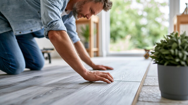 Person kneeling on a floor installing new laminate planks over existing tile, DIY home renovation flooring project, wood effect interior design, faceless, with copy space
