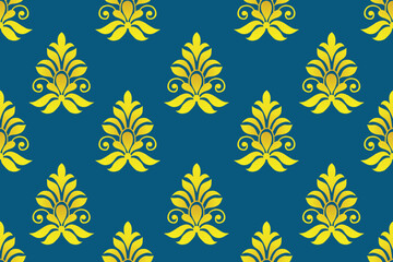 Elegant modern damask seamless pattern with clean floral leaf and scroll motifs. Simple luxury ornament background in bright yellow and deep teal blue colors.  © Thanawat