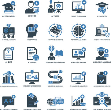 AI Education and Adaptive Learning Icons Set Featuring Tutor Analytics and Exam Proctoring Vector